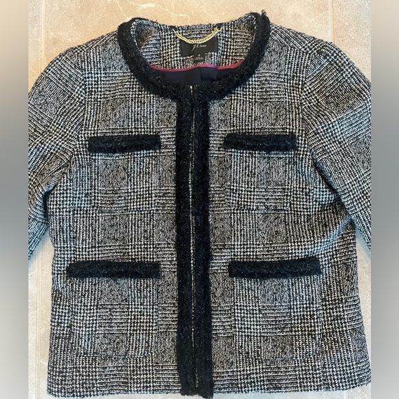 J.CREW Glen Plaid Braided Trim Tweed Jacket Blazer Black/White | Size 2 Womens - Picture 4 of 12